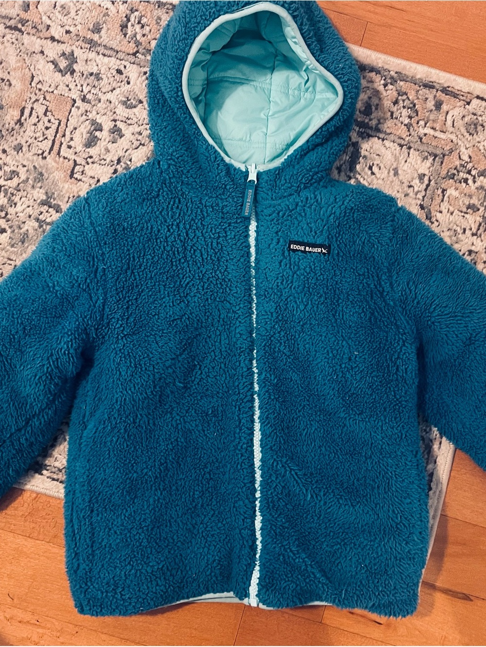 Eddie Bauer Kids Teal Reversible Sherpa Hoodie Jacket Girls size 7
